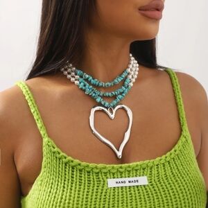 Heart Necklace Silver Pendant Turquoise and Pearl Strands